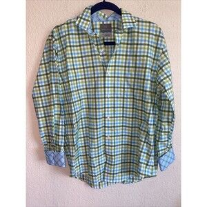 Thomas Dean Men XL Contrast Cuff Plaid Dress Shirt Button Down Green Club Disco
